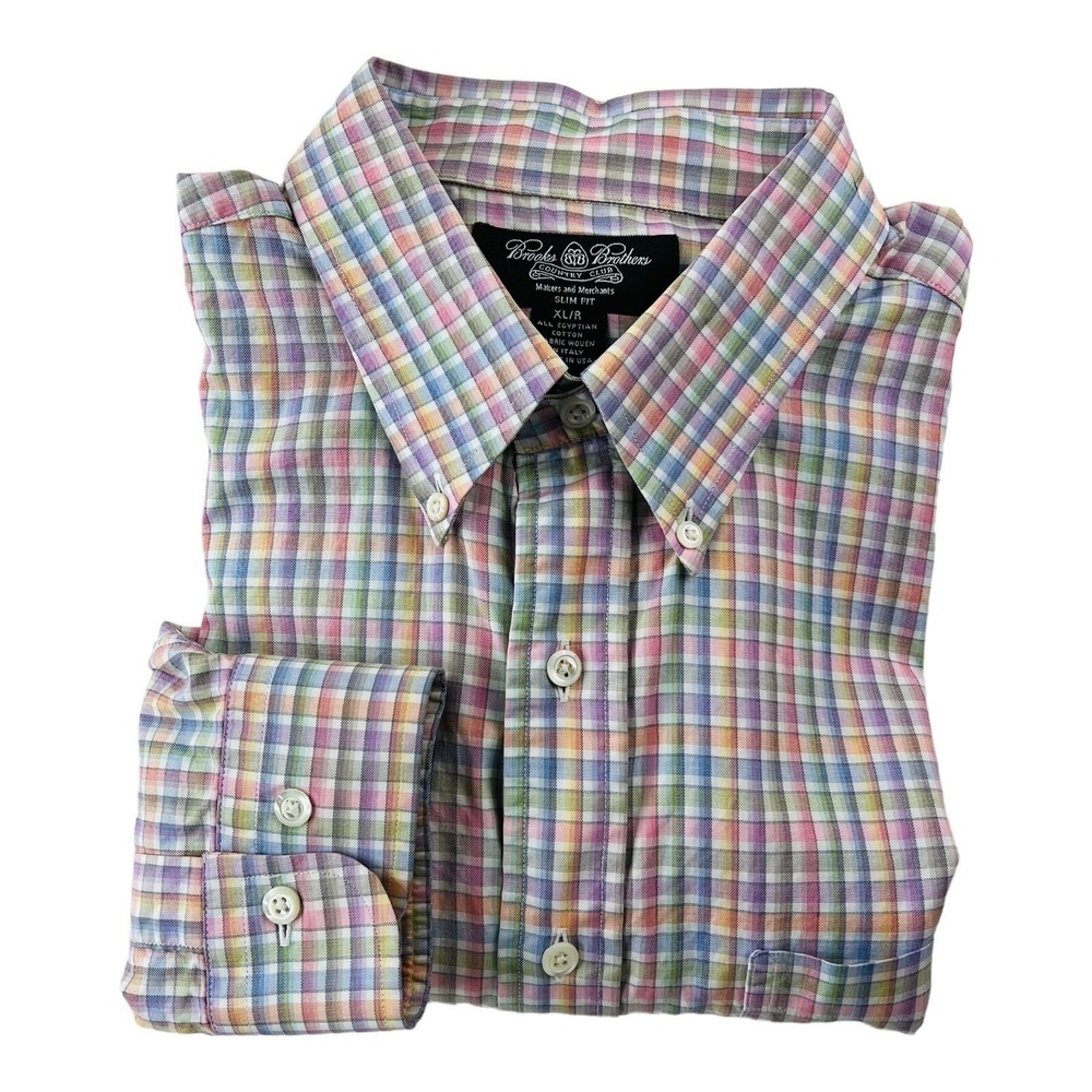 Brooks Brothers Country Club Pink Purple & Green Check Long Sleeve Btn Down XL